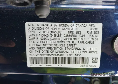 2019 Honda Cr-V Ex-L из США, поврежденный, VIN 2HKRW2H82KH635349